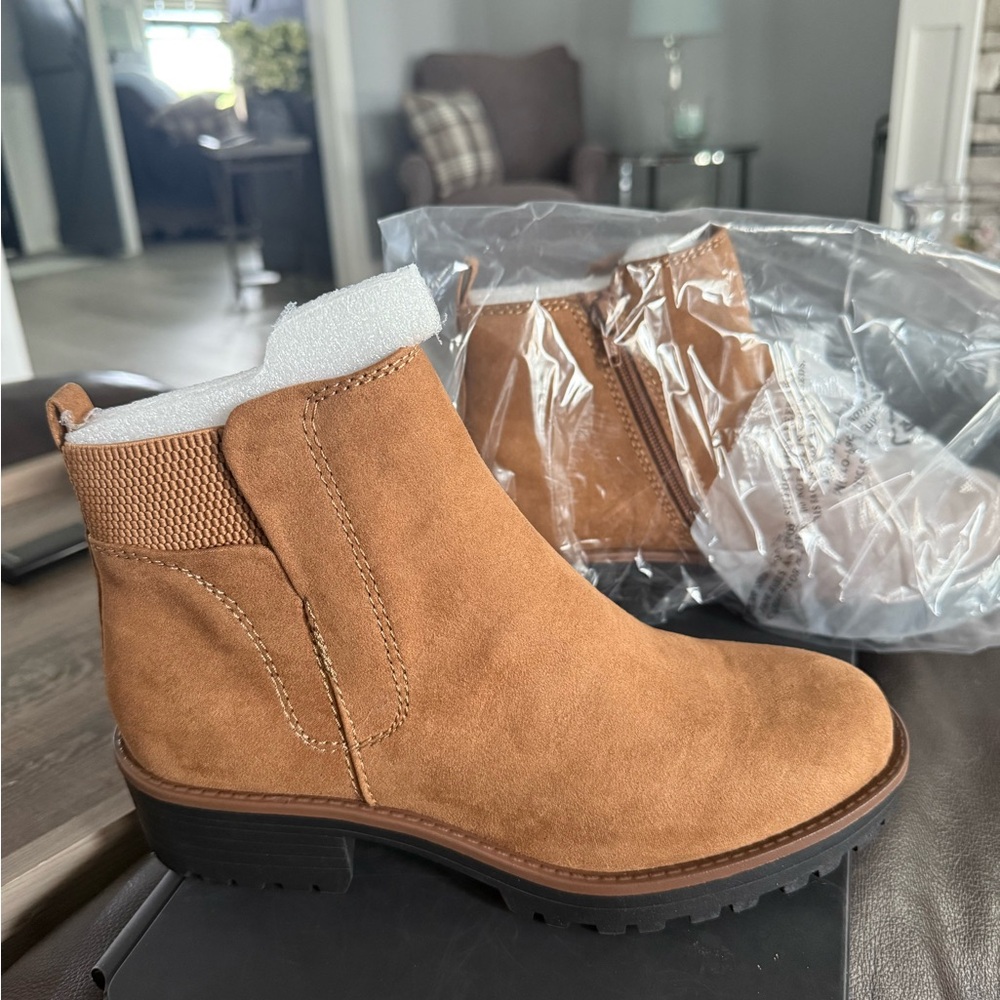 Sun + Stone Tan Ankle Booties with Knit Collar